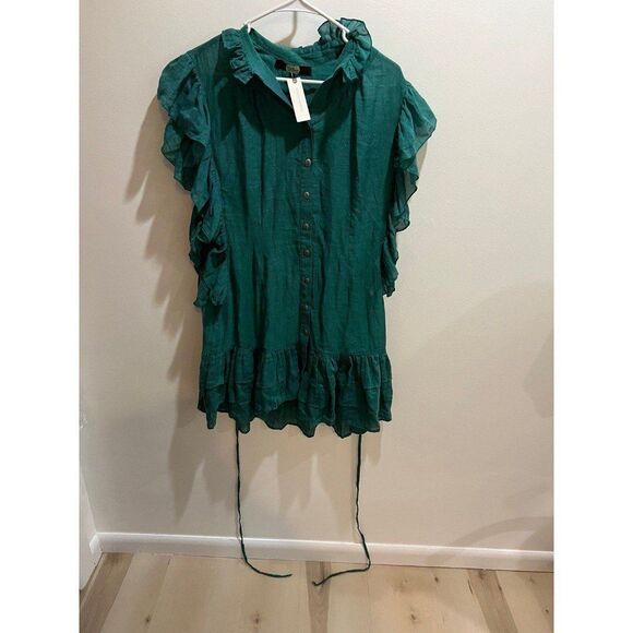 Anthropologie NWT Green Ruffle Sleeve Button Down Dress Boho Dainty Cottage Chic - Picture 4 of 9